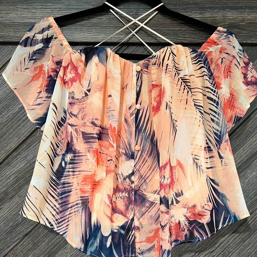 GUESS floral off the shoulder blouse with back zipper
